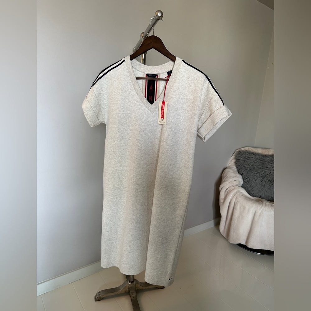 Gray V-Neck Dress with Black Stripes